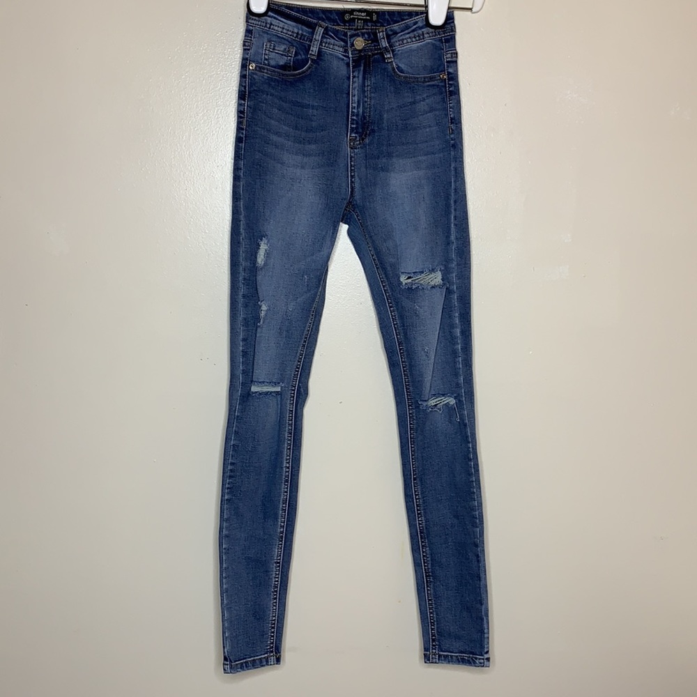 MISSGUIDED Jeans “SINNER” High Waist Authentic Skinny Distressed Denim Skinny 0